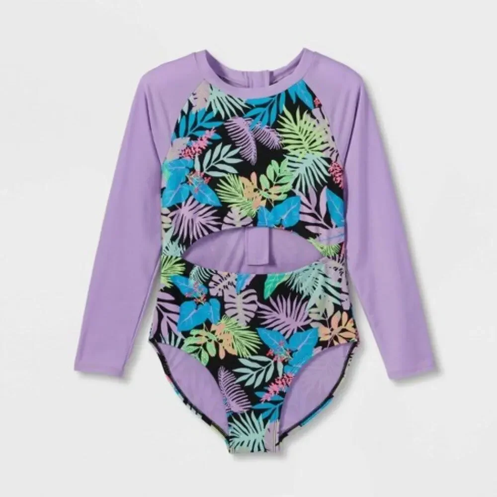 Girls' 'Just Vibing' Long Sleeve One Piece Rash Guard Large 10/12